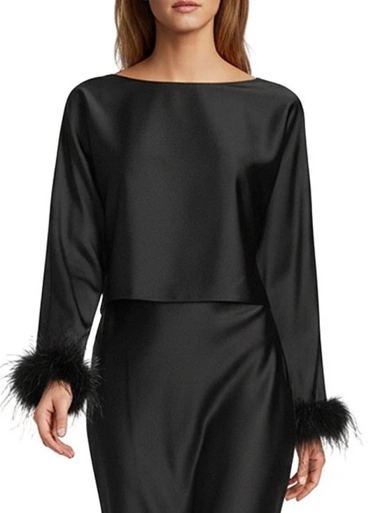 ANTONIO MELANI Tops - ANTONIO MELANI Black Satin Cropped Sleep Top with Feather Cuffs